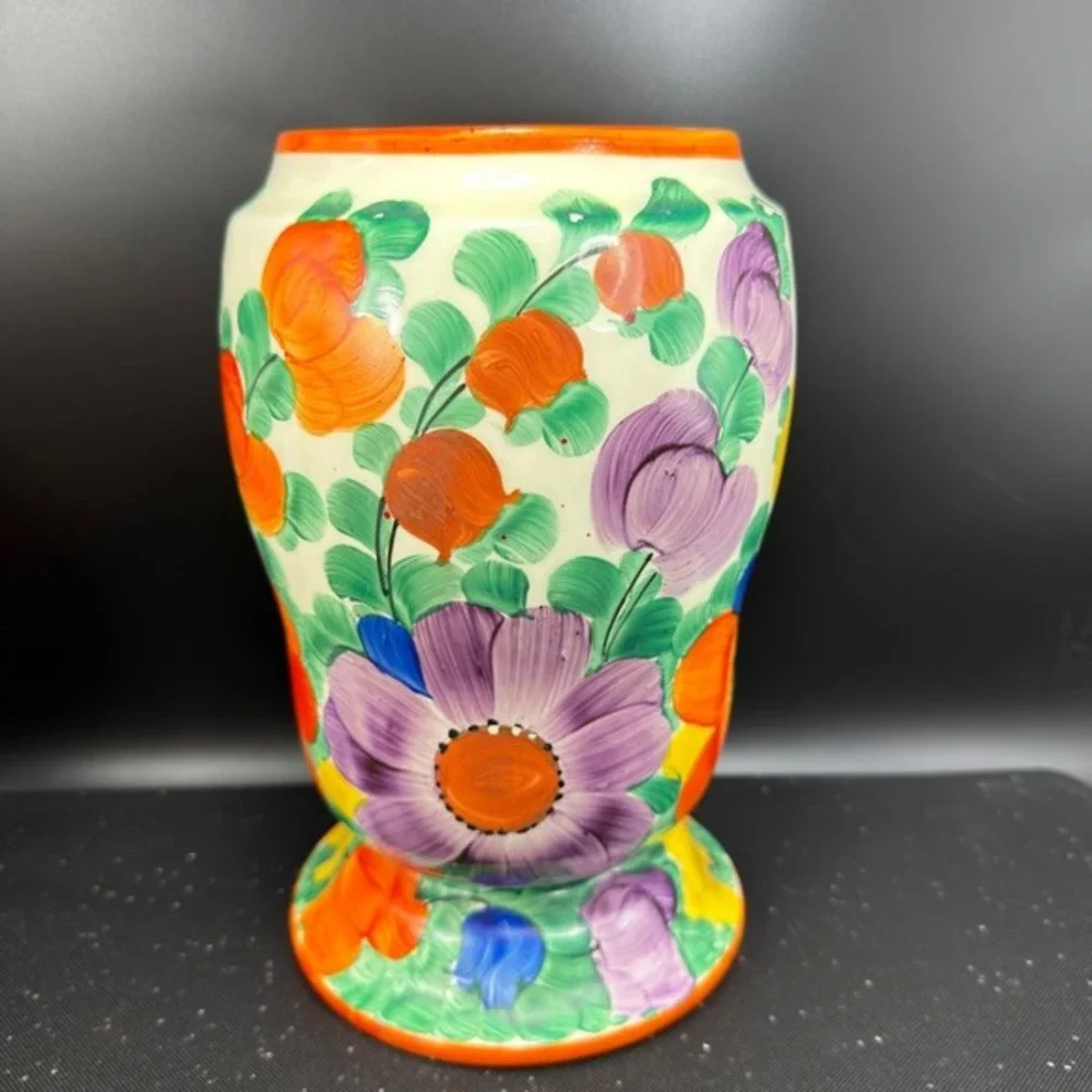 Vintage Czechoslovakia Hand Painted Floral Ceramic Vase Vessel Multi Color 1930s